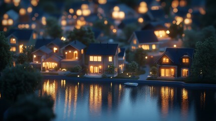 Fototapeta premium 3D rendering of a small town with houses and lights on the water surface.