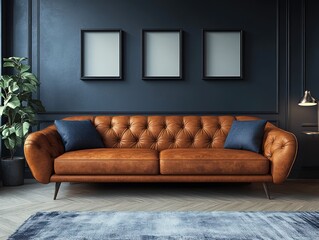 Modern Living Room with Brown Leather Sofa and Empty Picture Frames on Dark Gray Wall