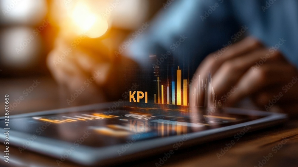 Poster business professional analyzing key performance indicator data on tablet for effective decision maki