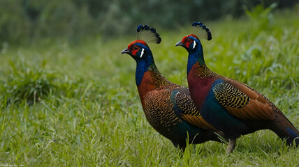 Fototapeta premium Himalayan Manual Pheasants Himalayan monal Pheasant or hunting pheasant (Phasianus colchicus), male standing in meadow, Lake Neusiedl National Park, Seewinkel, Burgenland, Austria, Europe, 
