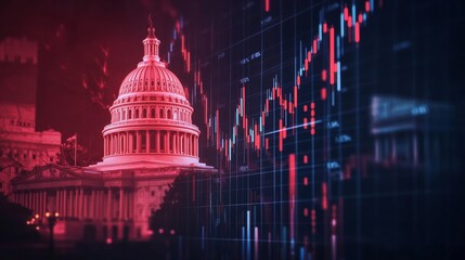 Capitol building with stock market charts in the background, featuring a red and blue color theme, a stock candlestick chart, and a business concept.