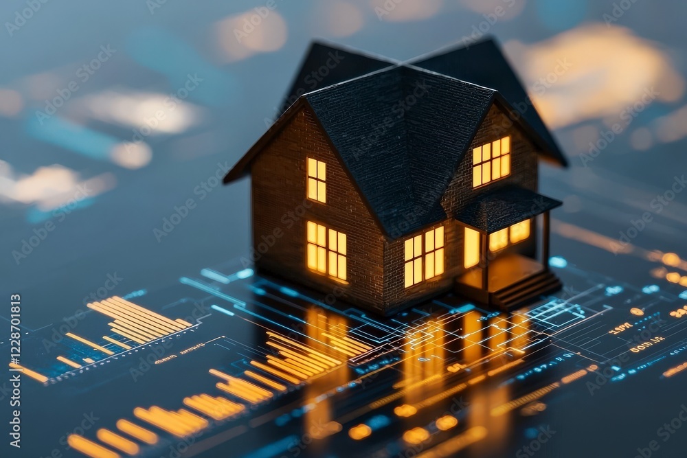 Poster model house with illuminated windows on digital background representing smart home technology and in