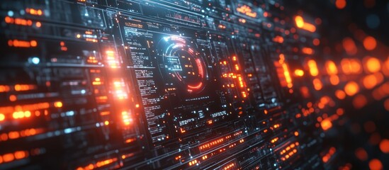 Fototapeta premium Futuristic digital interface with glowing orange and blue lines, data streams, and HUD elements.