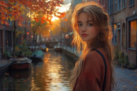 Tranquil Canal Scene in Historic Warehouse District during Golden Hour Lighting