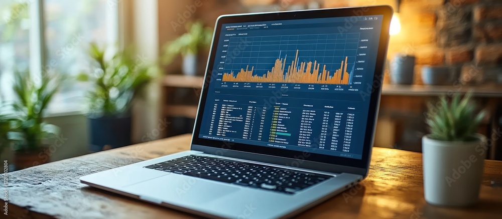 Aufkleber laptop displaying financial data charts and graphs on a wooden table.