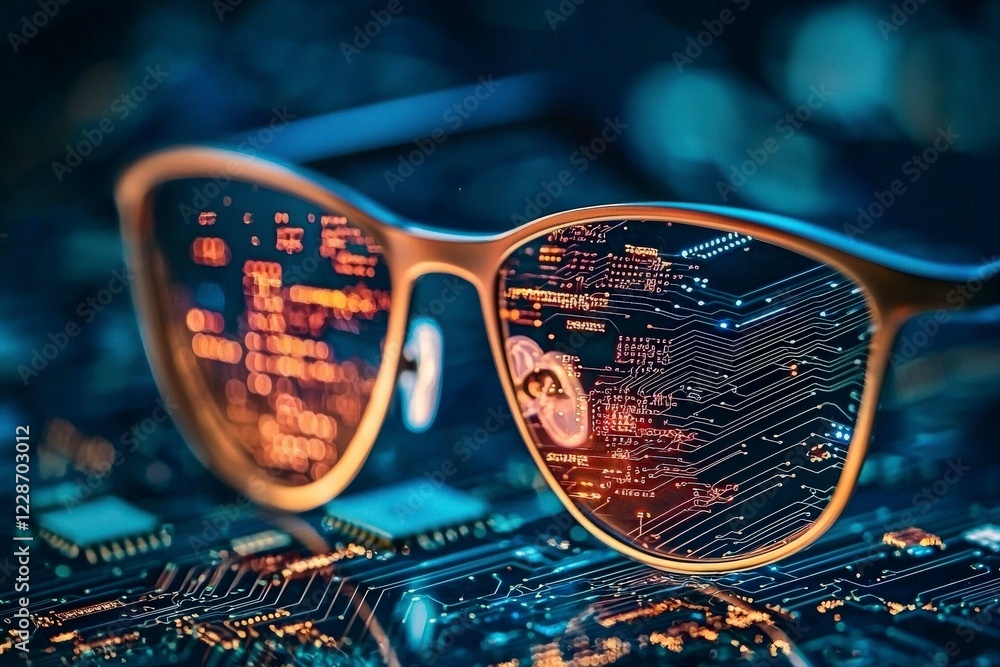 Poster reflection of technology and innovation in sunglasses highlighting digital circuit board patterns an