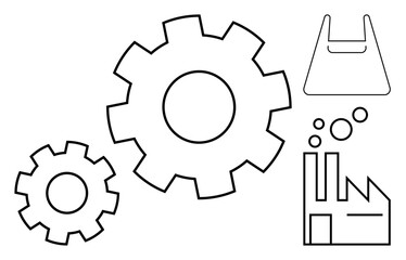 Two interlocking gears, factory building with chimneys, plastic bag highlight concept of industrial production, machinery, manufacturing. Ideal for automation, teamwork, industry efficiency
