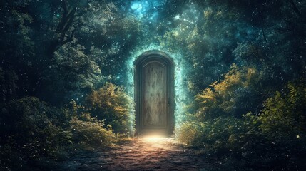 Mysterious doorway to enchantment forest digital fantasy nighttime imagination