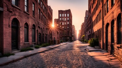 Fototapeta premium Sun rays illuminate a cobblestone street between rows of vintage red brick buildings at sunrise.