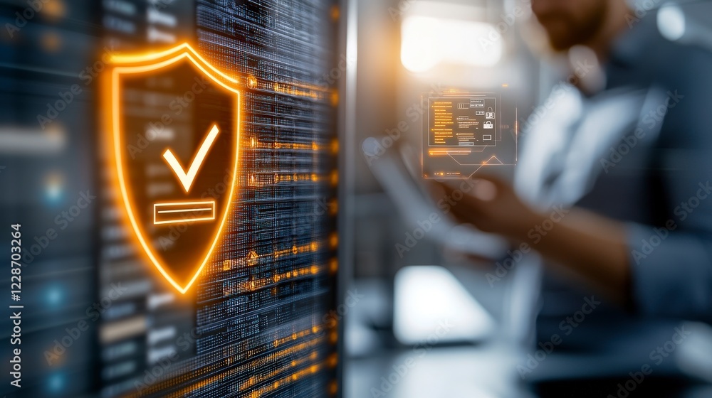 Poster digital security concept with checkmark symbol overlaid on data screen and business professional in 