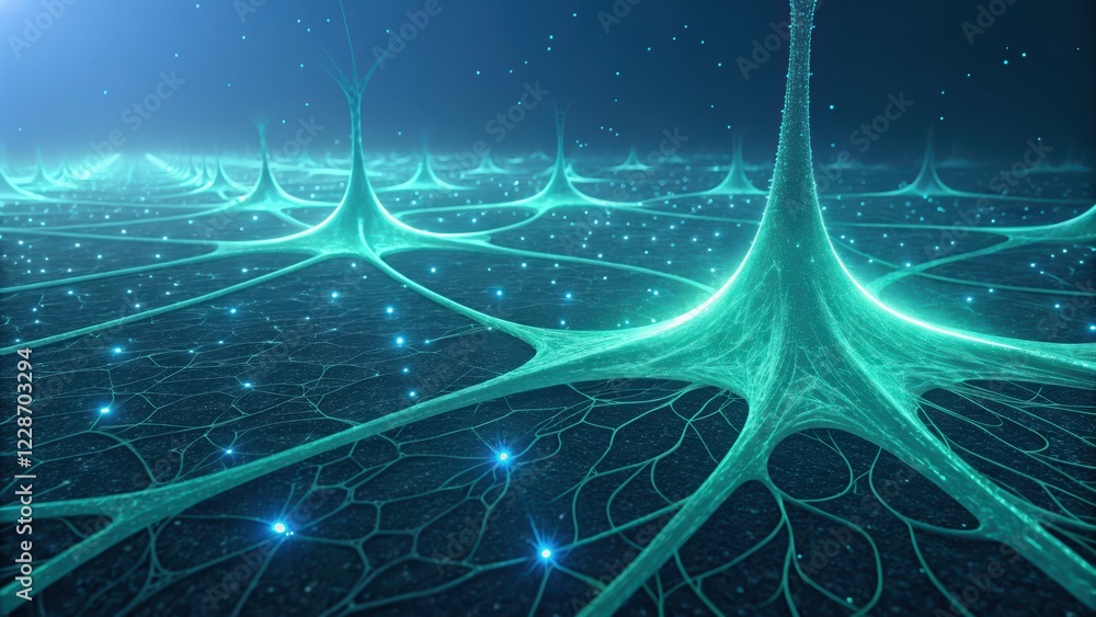 Aufkleber technology background concept, neon network of interconnected nodes and lines