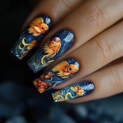 A woman short square nails art painted a underwater sea fish