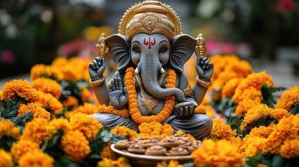 Fototapeta premium Ganesha statue amidst marigolds, festival offering