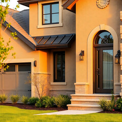 Fototapeta premium Luxury Home Exterior at Sunset: Modern Architectural Design and Landscaping