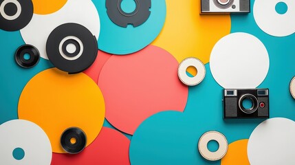 Colorful Retro Style Camera and Circle Background
