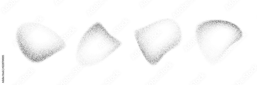 Poster Liquid fading dotted gradient drop shapes. Black stippled object set. Grainy spray spots and stains. Noise splashes and splatters forms. Dissolve sand dust texture. Vector fluid halftone elements