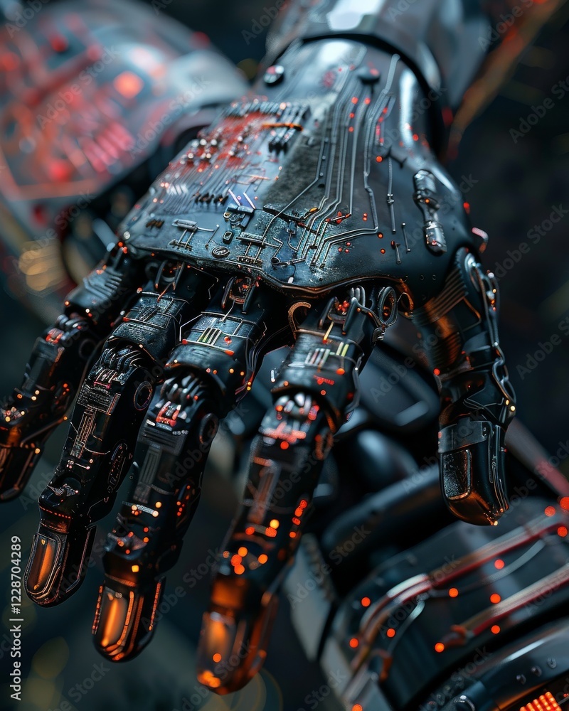 Poster futuristic bionic hand with exposed circuitry: advanced technology in close-up view revealed