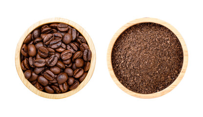 Coffee bean and ground coffee (instant coffee) in wooden bowl isolated on white. Top view.