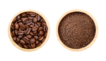 Coffee bean and ground coffee (instant coffee) in wooden bowl isolated on white. Top view.