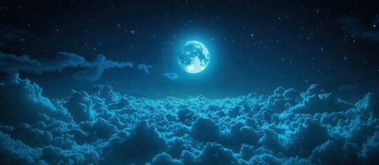 Full moon above a sea of clouds at night.