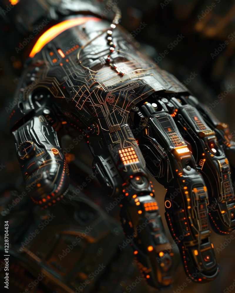 Poster futuristic bionic hand revealing inner circuitry for advanced prosthetic technology, close-up view o