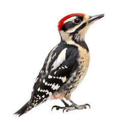 Fototapeta premium Woodpecker (Downy or Hairy), known for pecking at trees, with distinctive patterns on plumage. isolated on transparency background