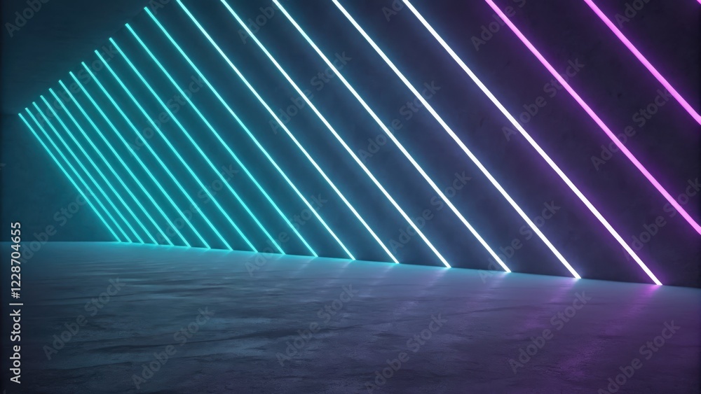 Poster technology background concept, neon light patterns in a dark space.