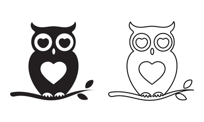 Cute owl icon with hearts silhouette in solid and outline styles vector art illustration