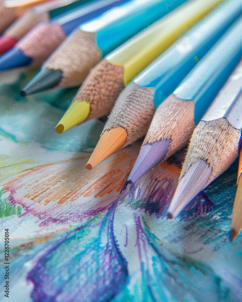 Aufkleber vibrant array of colorful pencils arranged on a table, close-up shot with various colored pencils cr