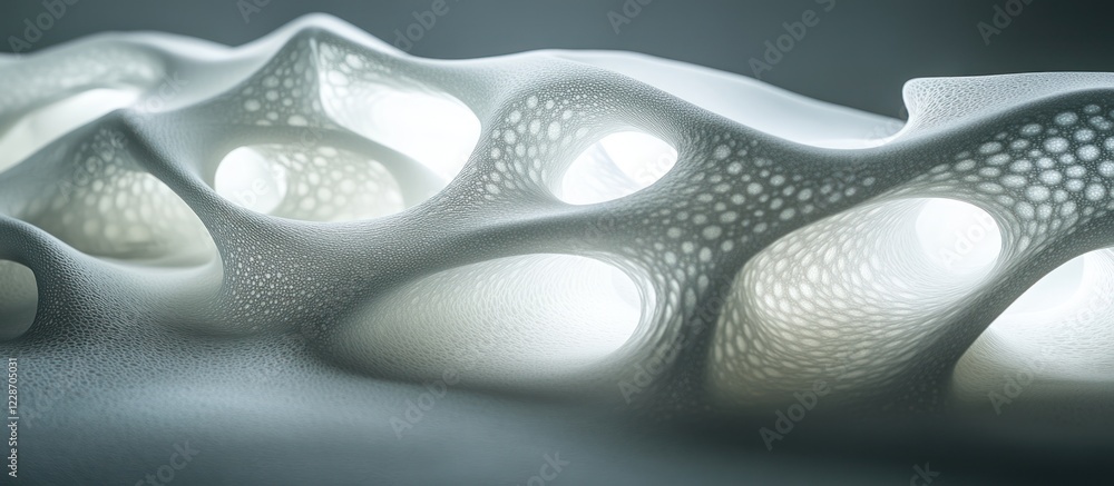Poster abstract 3d-printed white structure with intricate porous design and internal illumination.