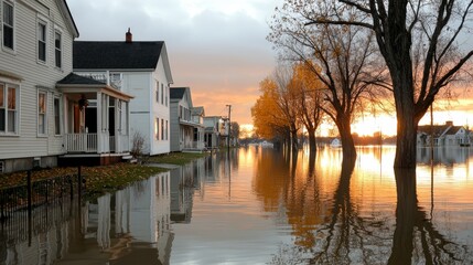 Fototapeta premium Serene Sunset Over a Submerged Neighborhood with Reflections During a Flood Emergency Event