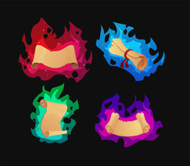 Cartoon parchment roll in colorful fire flame vector set, hot vintage paper scroll, game antique manuscript or papyrus