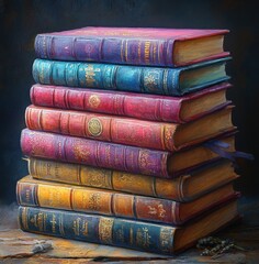 Stack of Colorful Books in Whimsical Style for Reading and Study