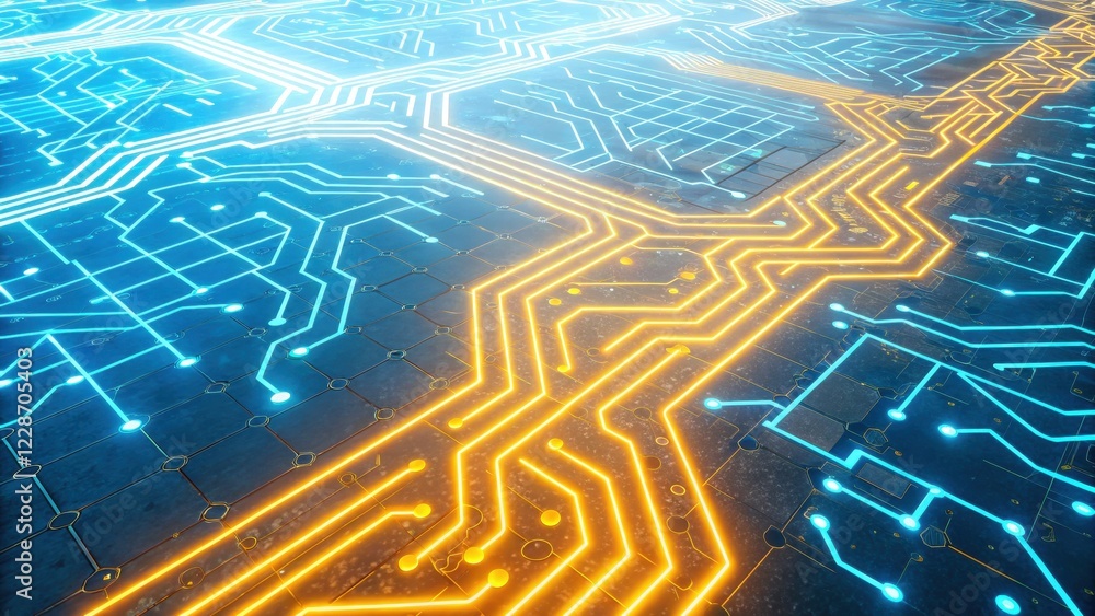 Poster technology background concept, abstract circuit board design with glowing lines