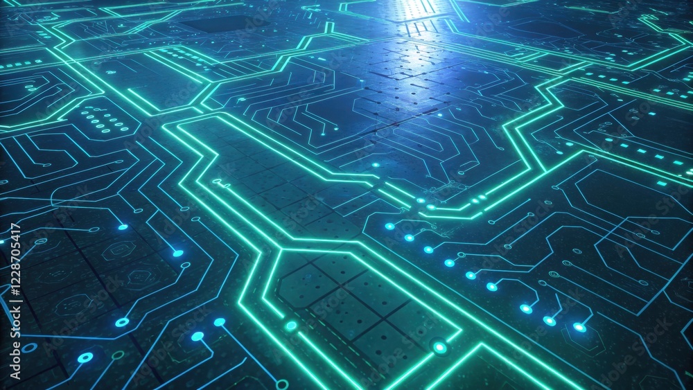Poster technology background concept, digital circuit board with glowing lines and patterns