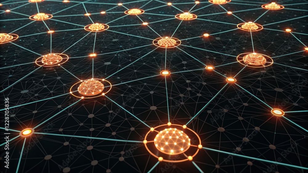 Aufkleber technology background concept, digital network with glowing nodes and connections