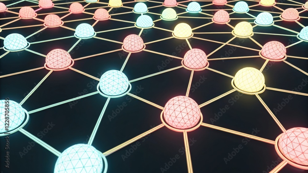 Aufkleber technology background concept, abstract network of colorful connected nodes