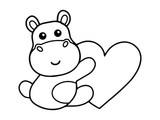Valentine Day Hippo Holding Heart Line Art