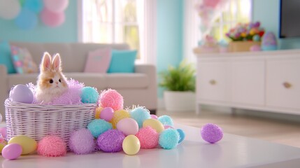 Fluffy Bunny in Pastel Easter Basket with Eggs