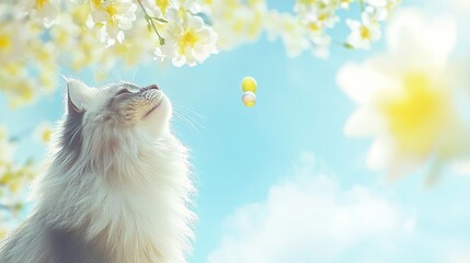 Fluffy Cat Gazing Upwards in Spring Blossoms