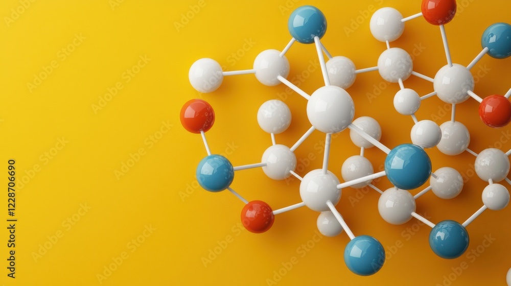 Poster exploring atoms and bonds in a colorful molecular network design