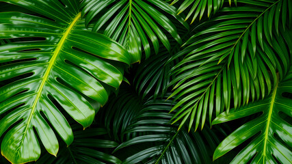 Monstera and palm leaves jungle texture