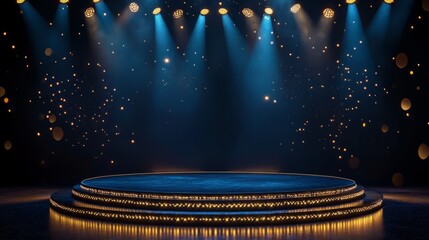 Luxurious blue and golden dotted edge lines with royal stage spotlights, creating an empty background for awards graphics 