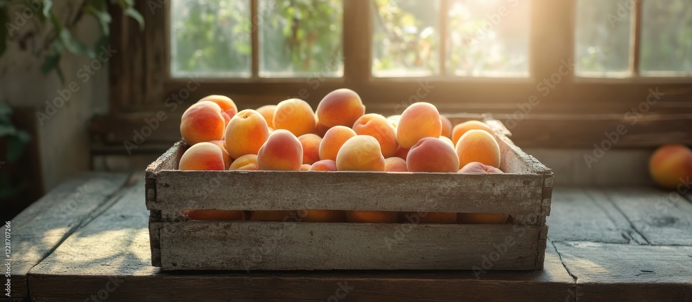 Poster sunlit apricots in rustic wooden crate on weathered table.