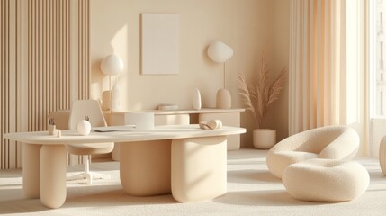 Fototapeta premium Elegant minimalist office space with a cream color palette, modern design and natural light