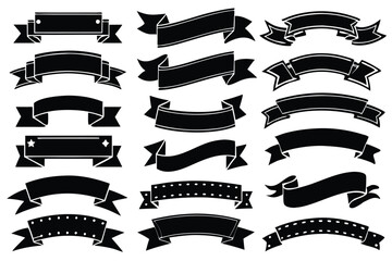 A set of black banners with ribbons on a white background