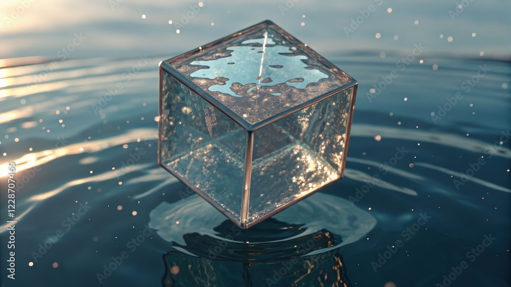 Poster technology background concept, floating transparent cube in water with ripples.
