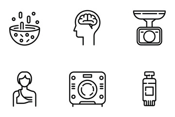 Medical Line Icons Set - Petri Dish, Brain, Weight Scale, Injured Person, MRI Scanner, Ointment Tube