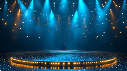 Stylish awards graphic background with blue and golden dotted edge lines, glowing under royal stage spotlights