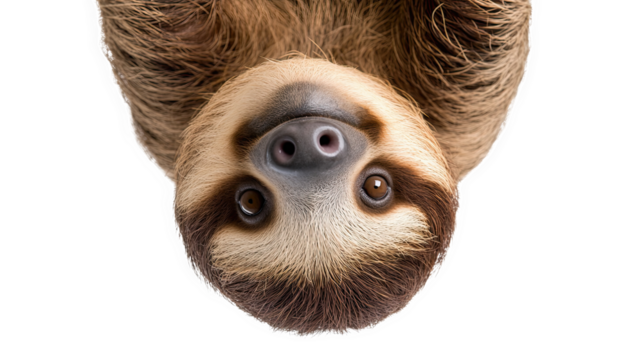 Close-up of a sloth hanging upside down, displaying its adorable face and soft fur against a white isolated background.